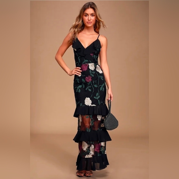 Lulus Dresses & Skirts - Lulu's True to Heart Black Floral Embroidered Maxi Dress Size S Mermaid Ruffled